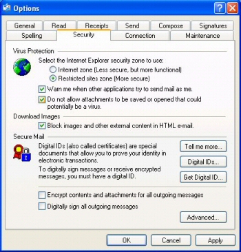 Access to the security options in Outlook Express